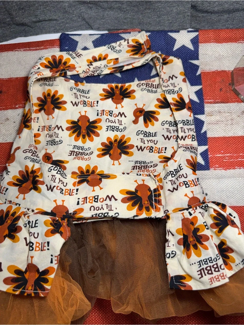 Thanksgiving Turkey Print Dog Dress with Orange Bow